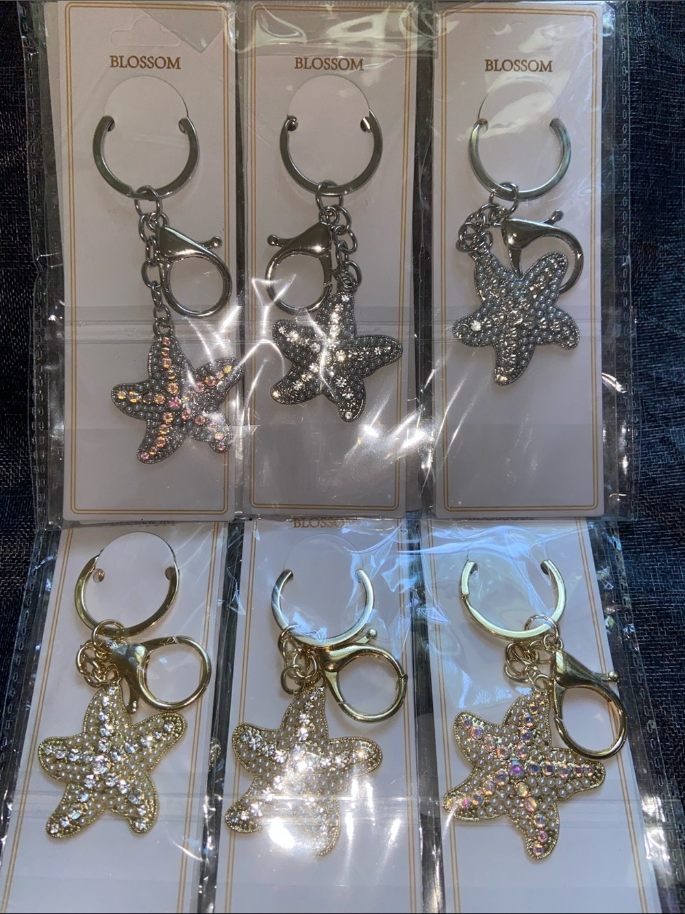 Blossom Crystal Starfish Keychain set of 3! Choose gold or silver